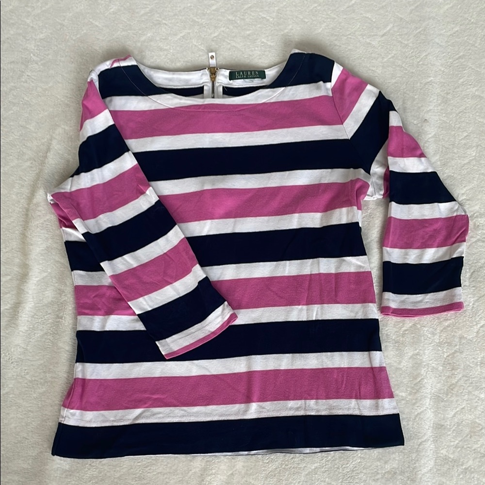 Ralph Lauren Striped Pink and Navy Top with zipper back